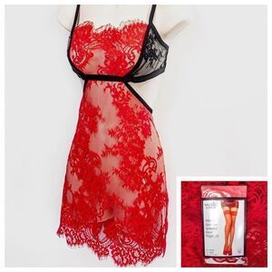 Lacey Red Sweetheart Chemise & Sheer Thigh Highs Sz L